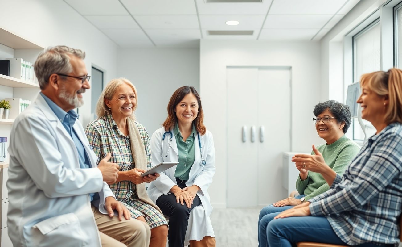 Atendimento médico familiar em clínica moderna