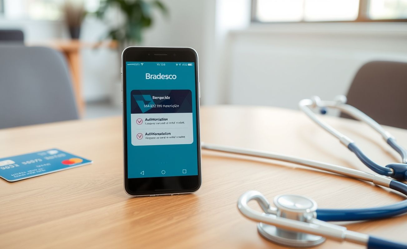 Smartphone com app Bradesco mostrando serviço Autorize