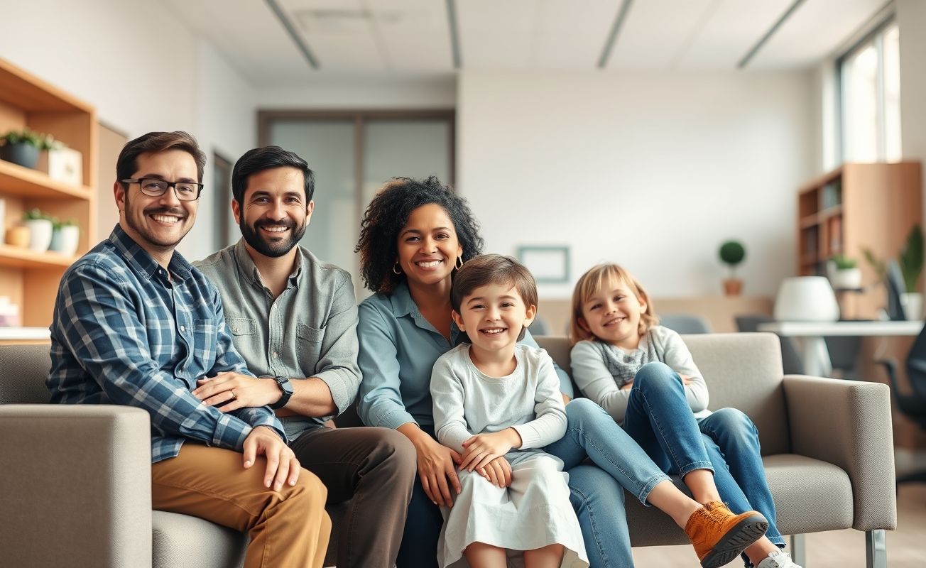 Família em consultório médico moderno