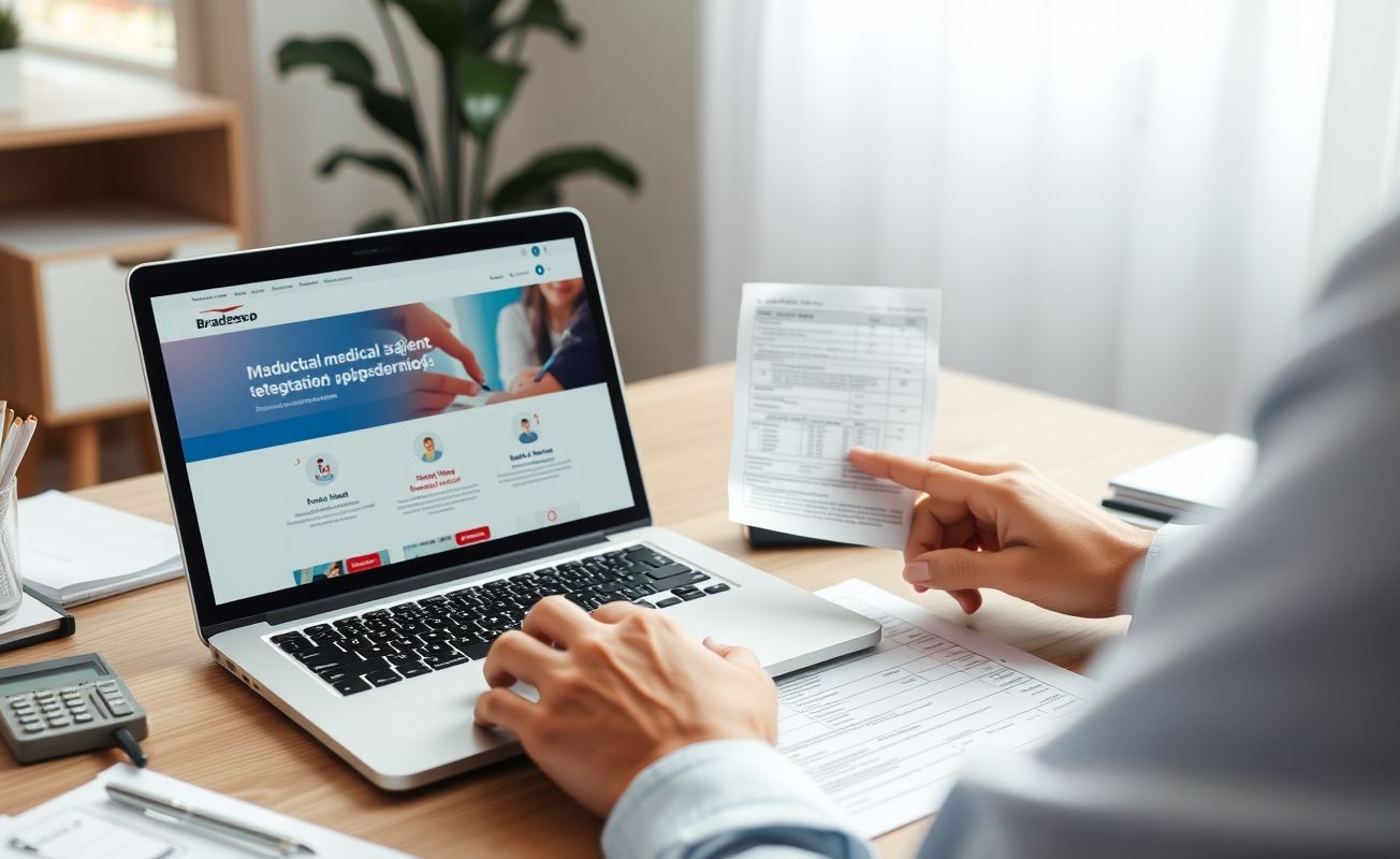 Pessoa organizando documentos do Bradesco Saúde para declaração de IR