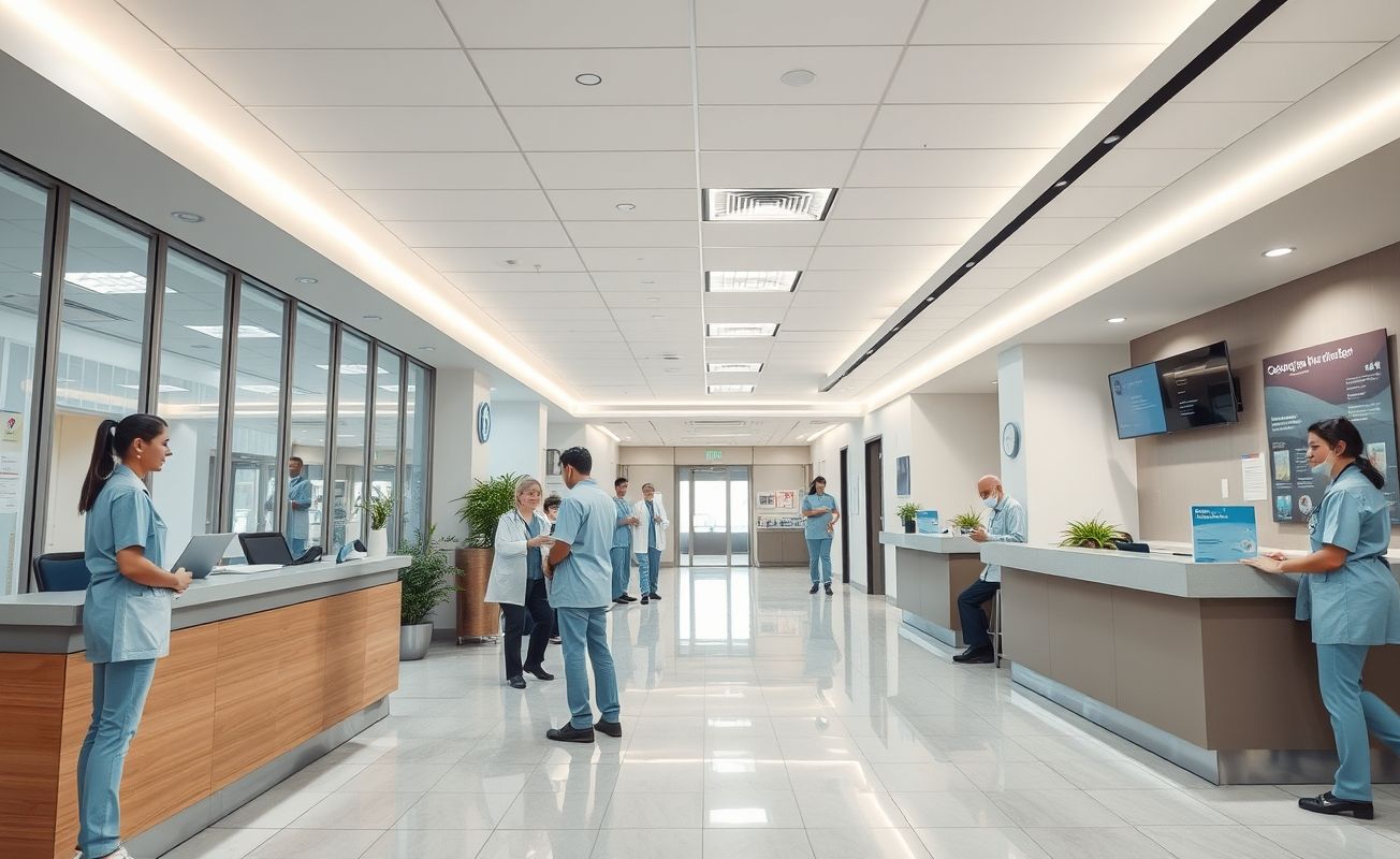 Recepção de hospital moderno com atendimento profissional