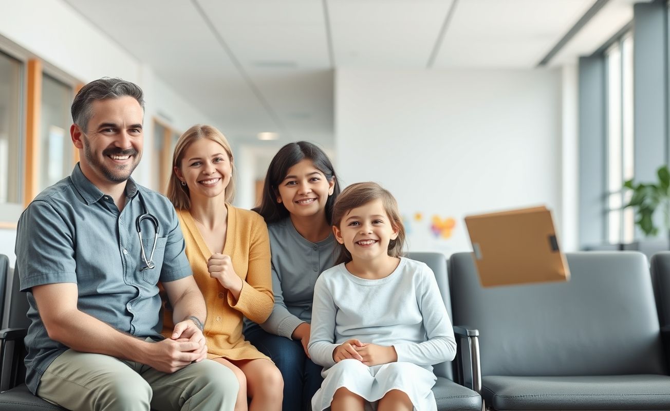 Família em hospital com médico sorridente