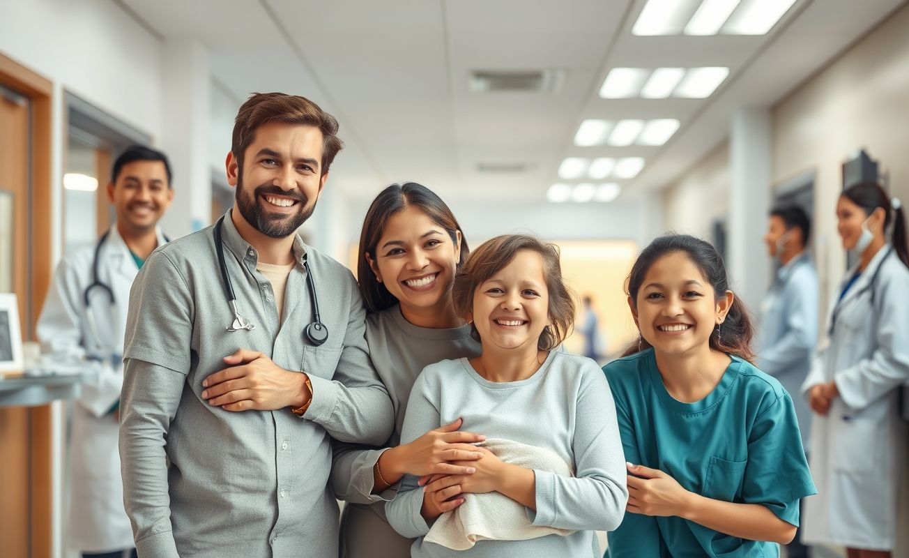 Família em hospital com atendimento médico
