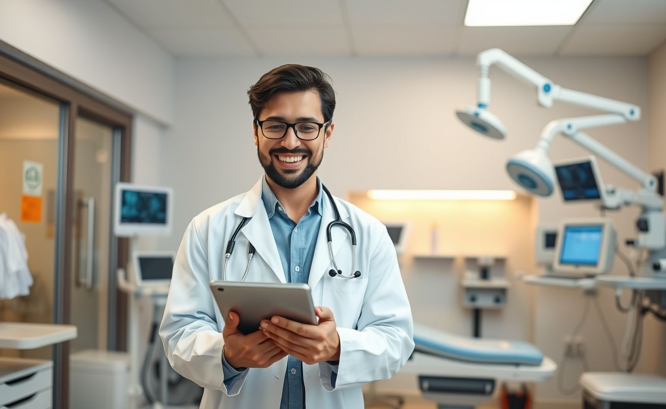 Médico atendendo paciente em consultório moderno