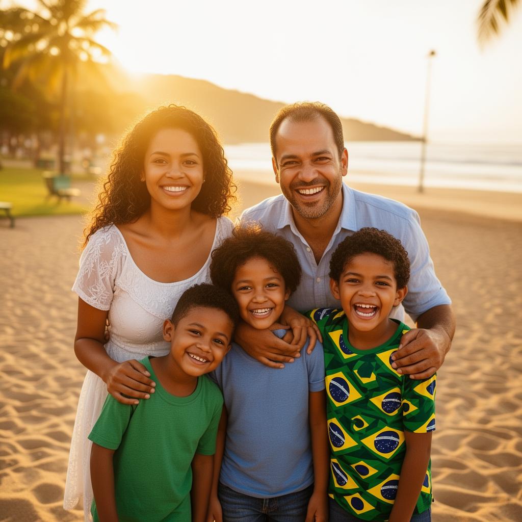 Família brasileira feliz na praia representando o plano familiar Bradesco Saúde