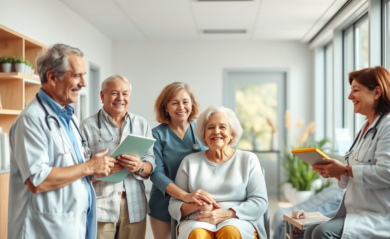 Família feliz em consultório médico moderno