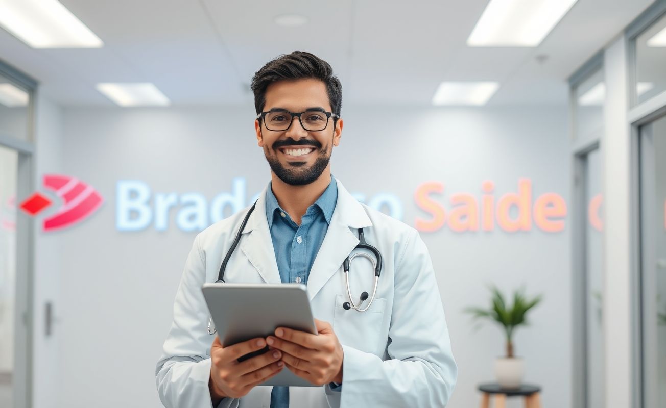 Médico sorrindo em clínica moderna segurando tablet