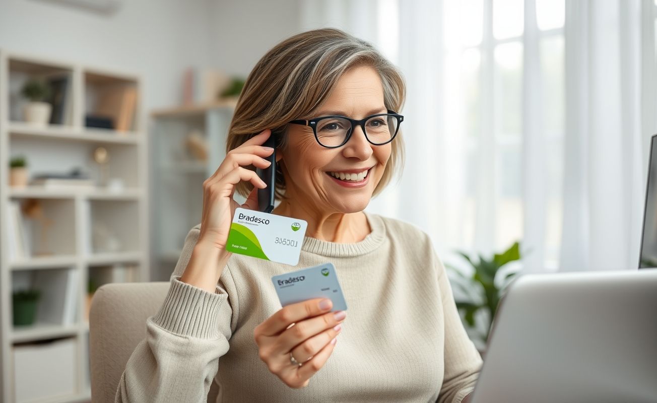 Mulher solicitando autorização pelo telefone do Bradesco Saúde