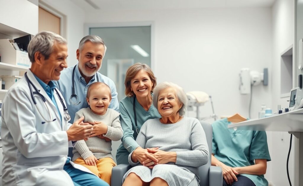 Família sendo atendida por médicos em consultório