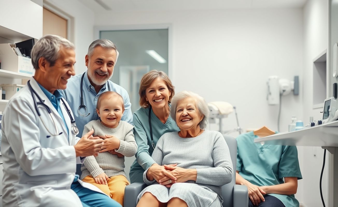 Família sendo atendida por médicos em consultório