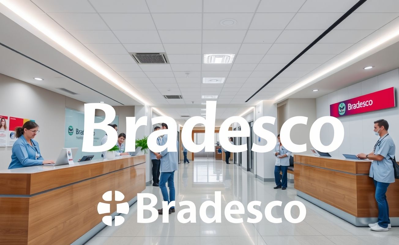 Recepção hospitalar moderna do Bradesco Saúde