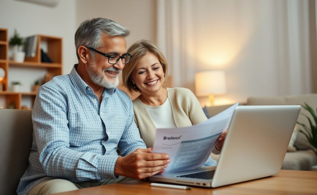 Casal analisando documentos do banco Bradesco