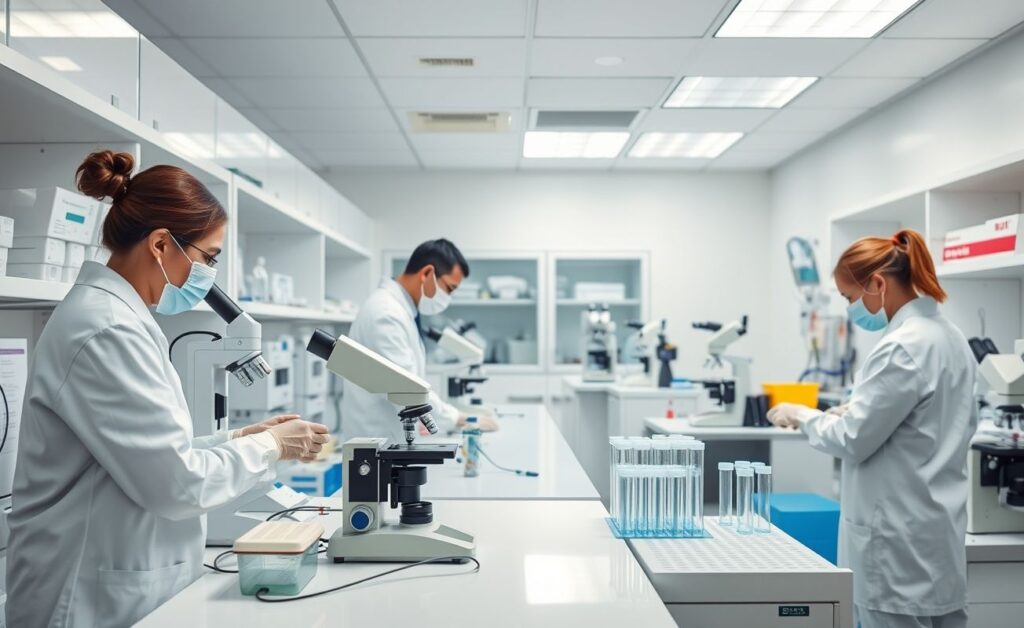 Laboratório médico equipado para exames clínicos