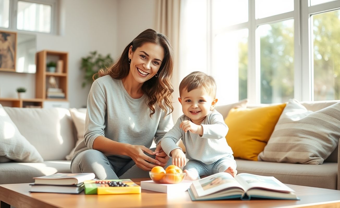 Mãe feliz interagindo com criança pequena em casa