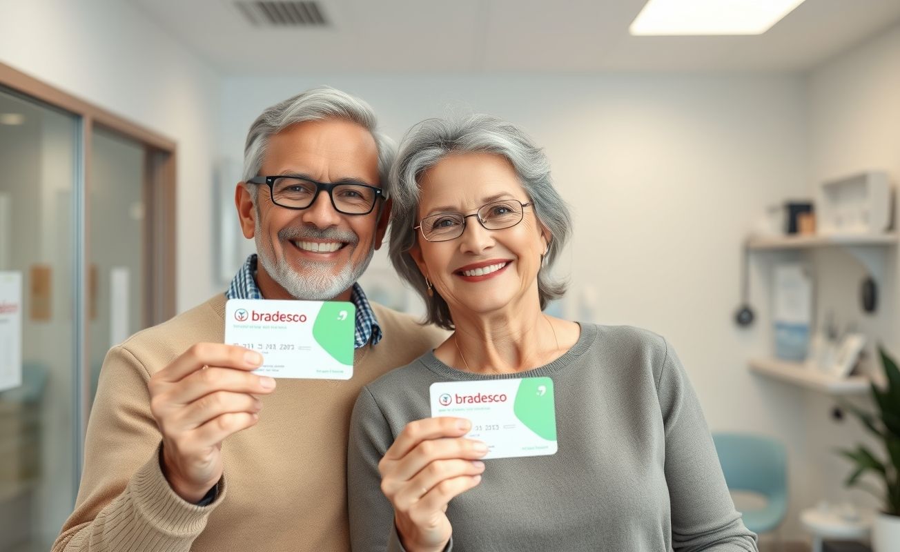 Casal segurando carteirinhas do Bradesco Saúde