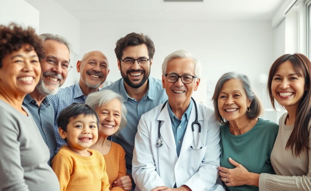 Família feliz em consultório médico