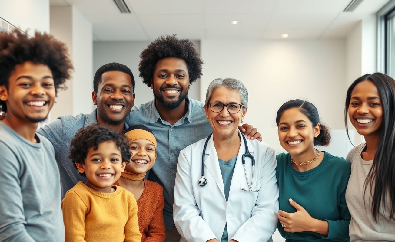 Família feliz em consulta médica