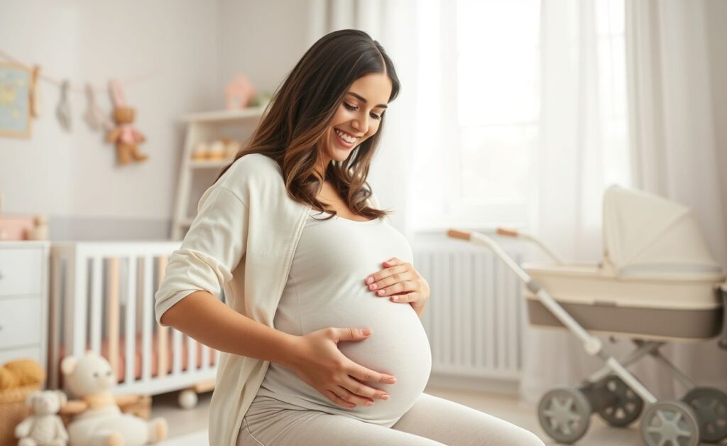 Gestante sorridente em programa de assistência pré-natal
